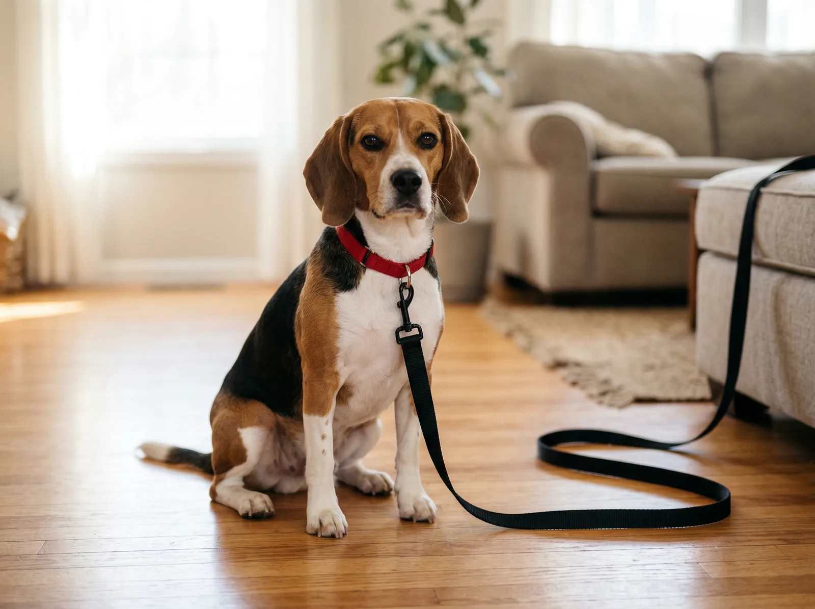 Dog wearing a properly fitted flat collar with a 6-foot flat leash - the correct setup for training